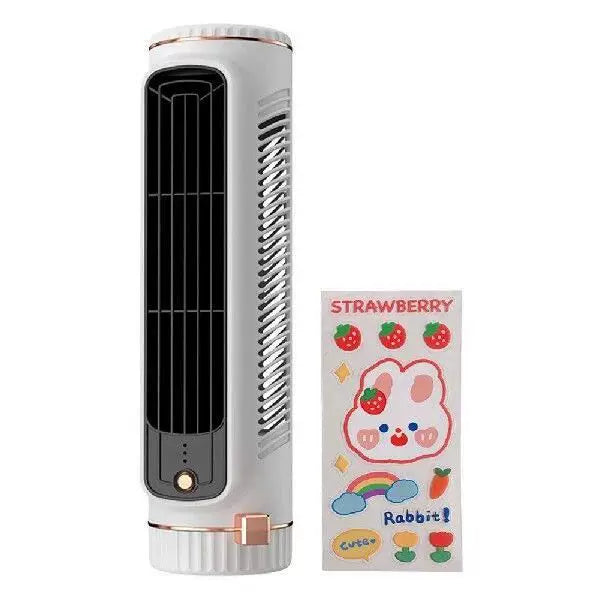 Unisex one-size compact rechargeable personal cooling stand fan with adjustable vertical louvers, multi-speed USB charging, and decorative sticker set Stornfield