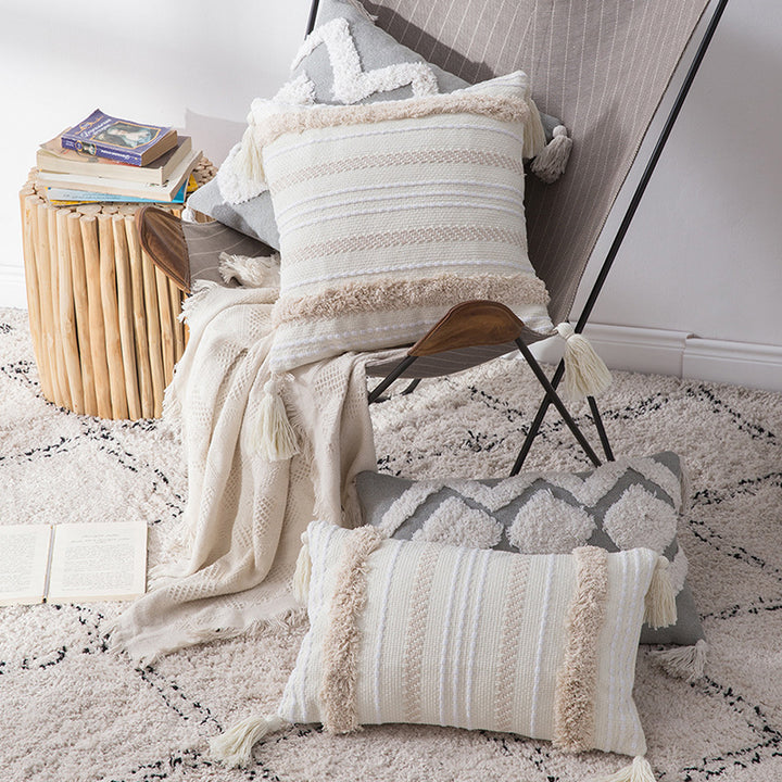Decorative Tassel Embroidered Lumbar and Square Pillow Set