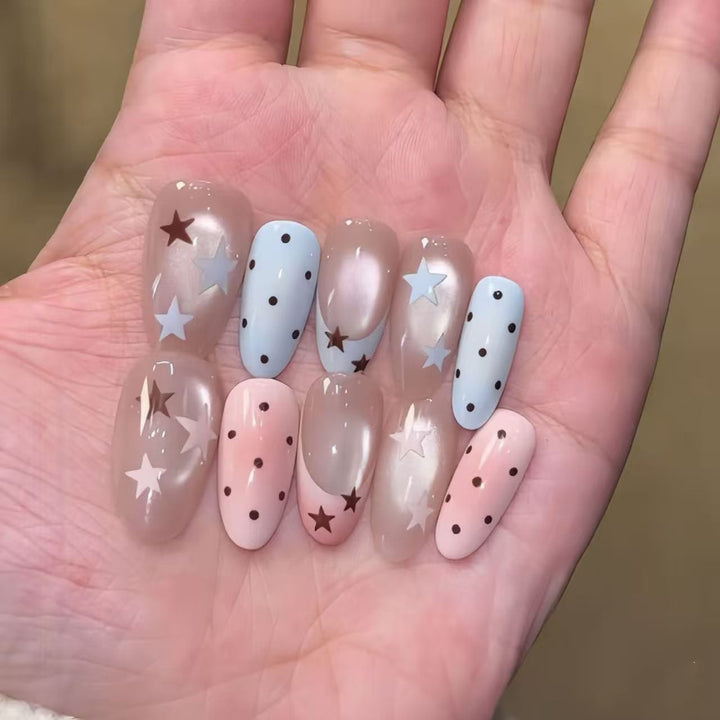 Artistic Press-On Nail Set with Star and Dot Designs Stornfield