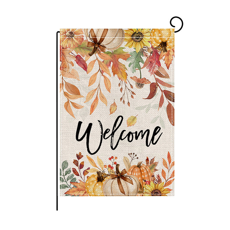 Double-Sided Burlap-Texture Autumn Garden Flag with Hand-Illustrated Pumpkins and 'Happy Fall' Typography