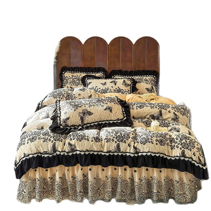 Opulentes quilted duvet cover set with velvet frill, embroidered ruffle, and bed ruffle