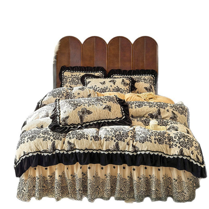Opulentes quilted duvet cover set with velvet frill, embroidered ruffle, and bed ruffle