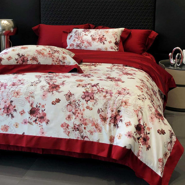 Luxurious cotton satin bed linen set with fine floral ornamentation and decorative pillowcase