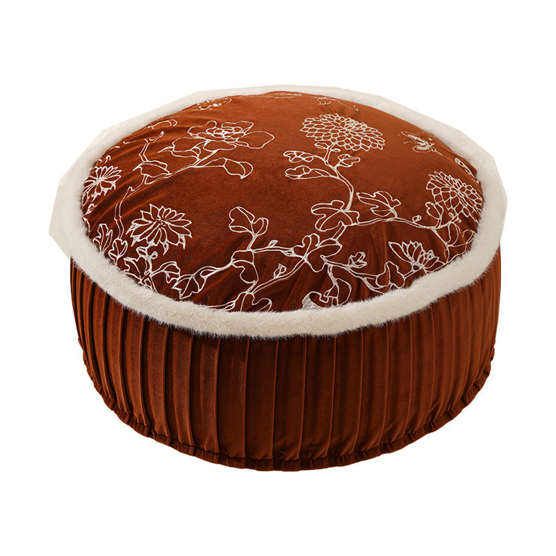 Beef hand-woven pouf with floral print and padded seat surface