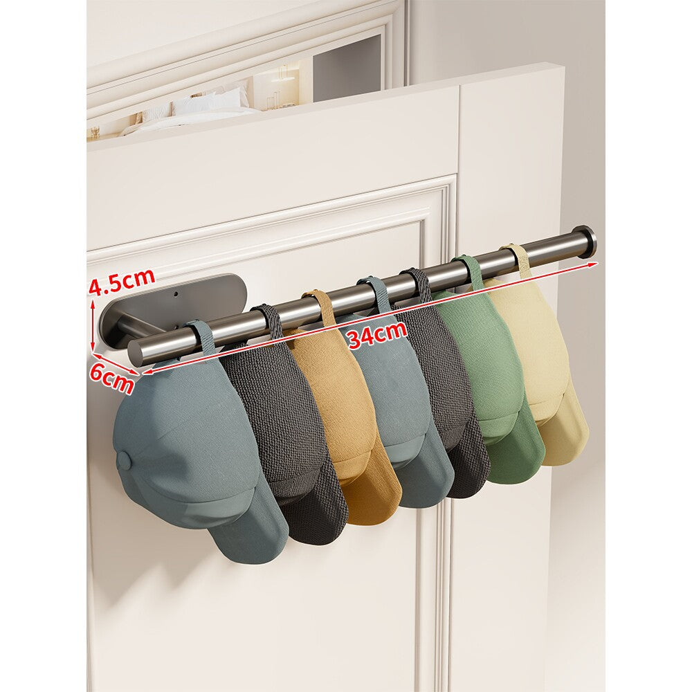 Door-Mounted Stainless Steel Hat and Cap Organizer Rod with Sliding Loop Hangers