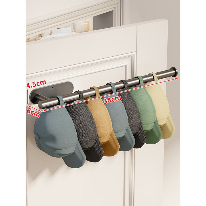 Door-Mounted Stainless Steel Hat and Cap Organizer Rod with Sliding Loop Hangers