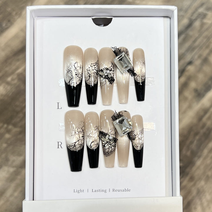Artistic Press-On Nail Set with Unique Lace and Gemstone Accents Stornfield
