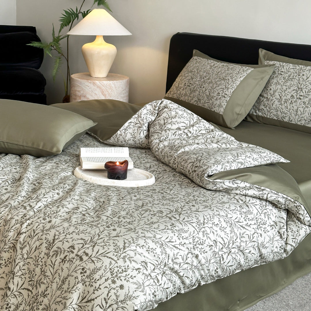 Luxury Botanical Print Cotton Sateen Duvet Cover Set