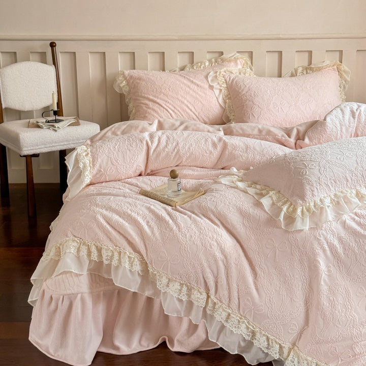 Quilted Jacquard Duvet Cover Set with Lace Ruffle and Decorative Pillow Shams