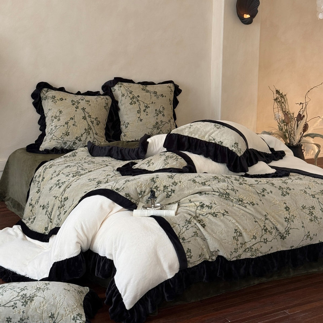 Quilted Floral Embroidered Duvet Cover Set with Velvet Ruffle Trim