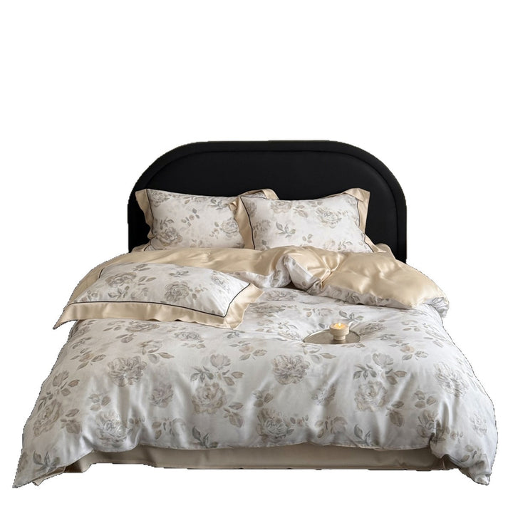 Luxury Watercolor Rose Sateen Duvet Cover Set with Satin-Back and Piped Shams