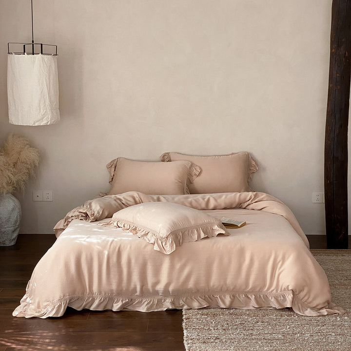 Washed Ruffled Linen Duvet Cover Set with Frilled Pillow Shams