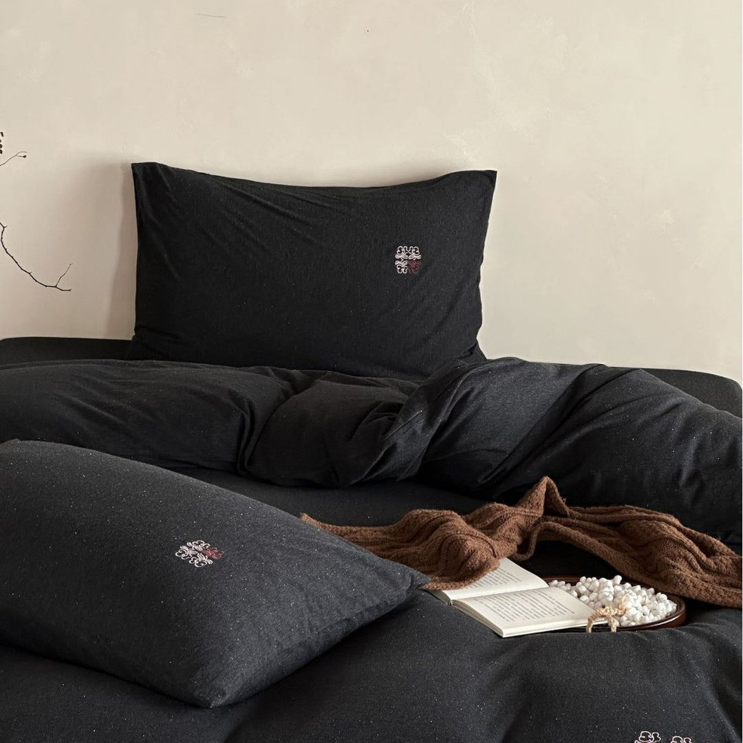 Washed Cotton Slub Duvet Cover Set with Mini Embroidered Accents