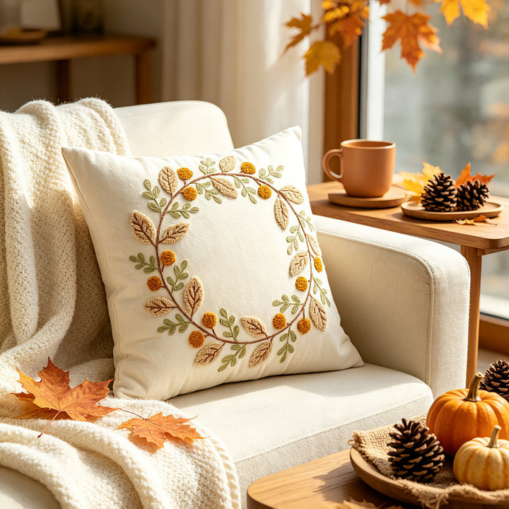 Embroidered Cozy Autumn Throw Pillow with Textured Pom Accents
