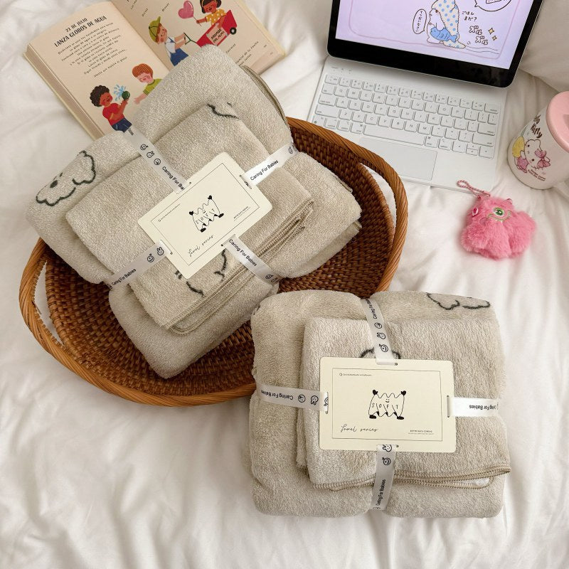 Plush Cotton Bath Towel Set with Cute Cloud Embroidery