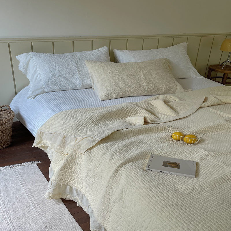 Quilted Washed Linen Bedspread Set with Frayed Lace Edge and Matching Pillow Shams