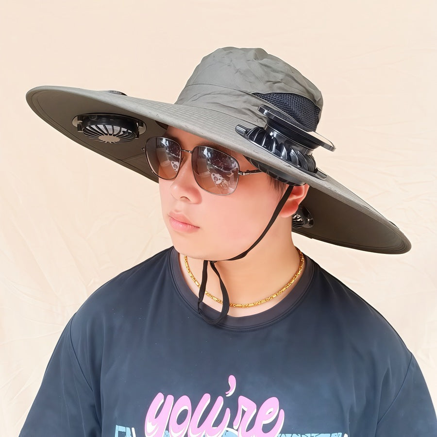 Wide-brimmed sun hat with detachable swivel solar fans and adjustable chin strap Stornfield