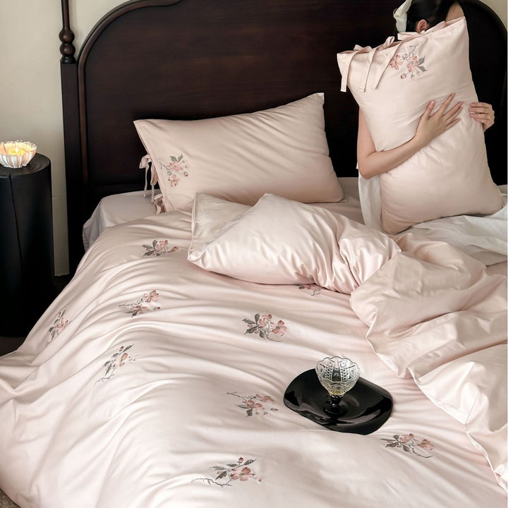 Satin-Feel Embroidered Blossom Duvet Cover Ensemble with Ribbon-Tie Shams
