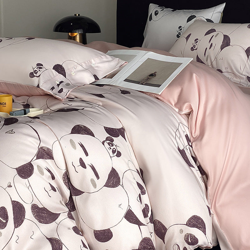 Panda Print Cotton Sateen Duvet Cover Set with Reversible Solid Backing and Button Closure