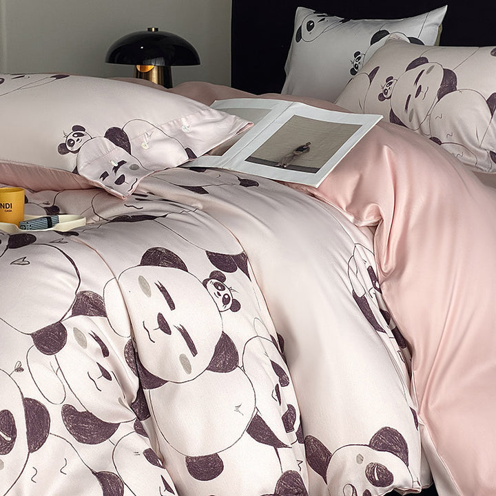 Panda Print Cotton Sateen Duvet Cover Set with Reversible Solid Backing and Button Closure