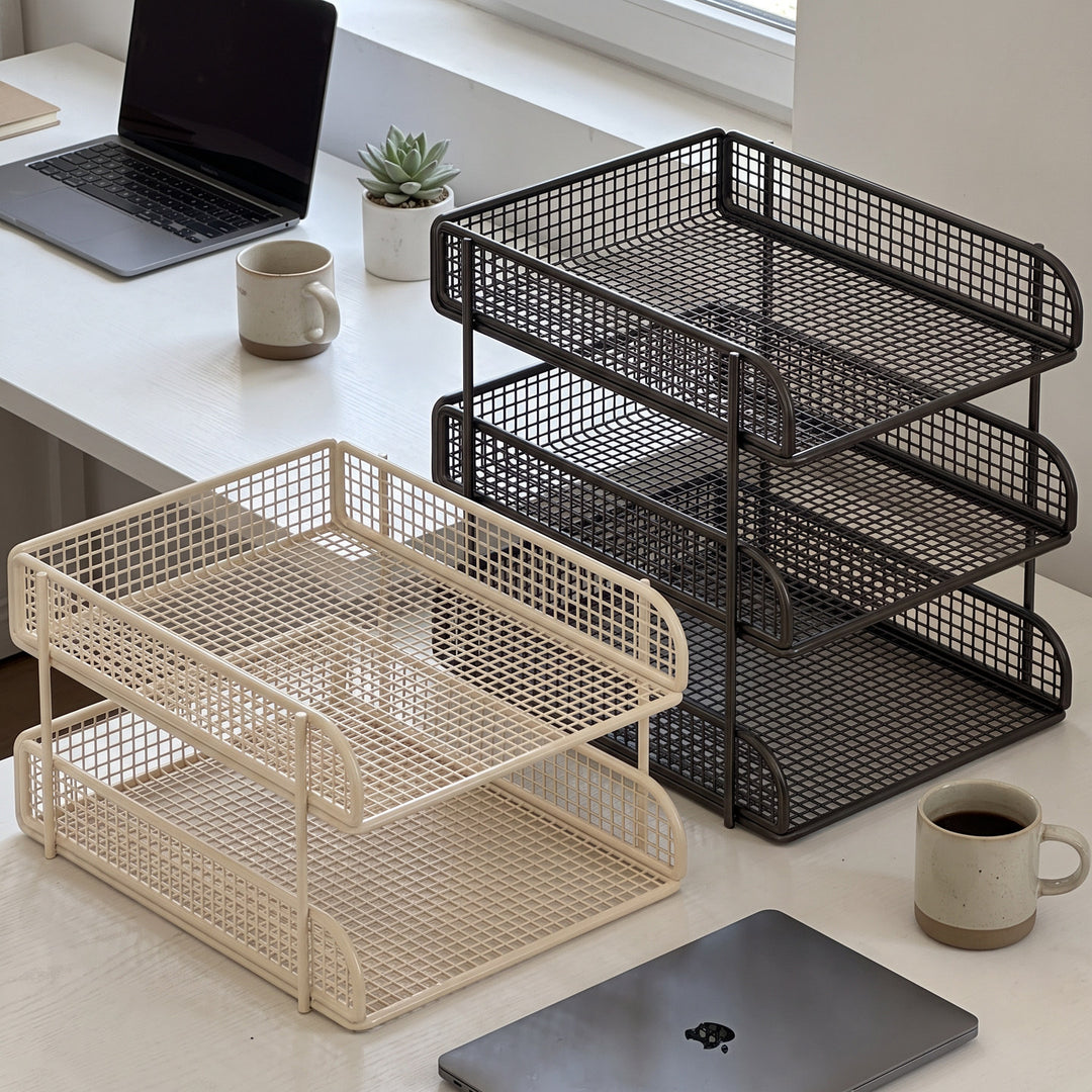 Compact Two-Tier Metal Mesh Desk Letter Tray & File Organizer