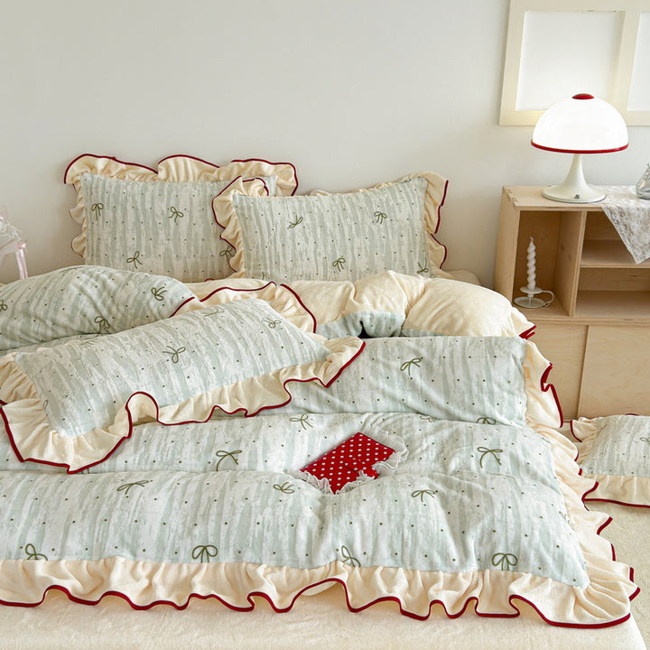Ruffled Toile Comforter and Shams Set with Contrast Piping
