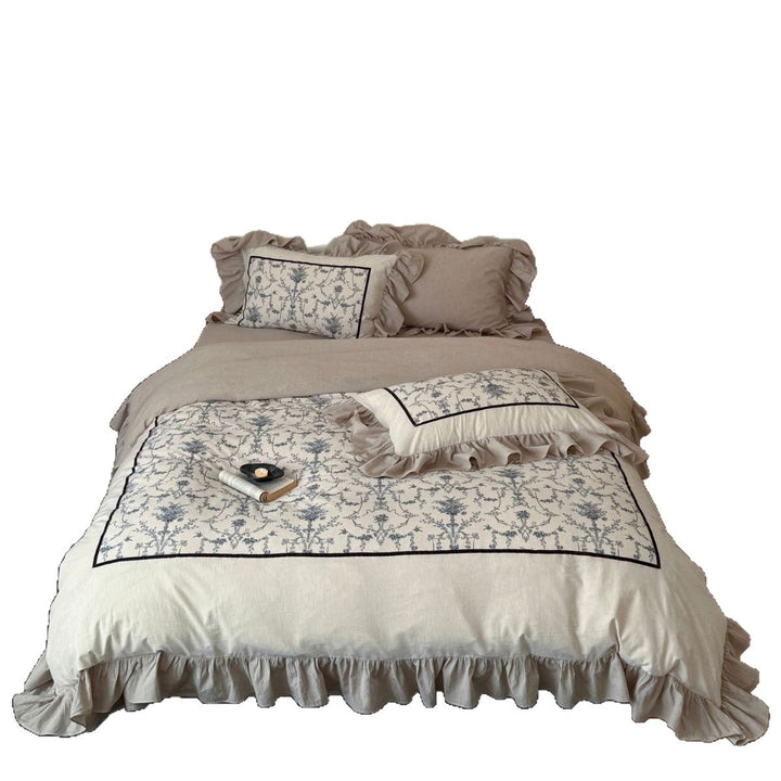 Ruffled Linen-Cotton Duvet Cover Set with Embroidered Toile Panel and Pillow Shams