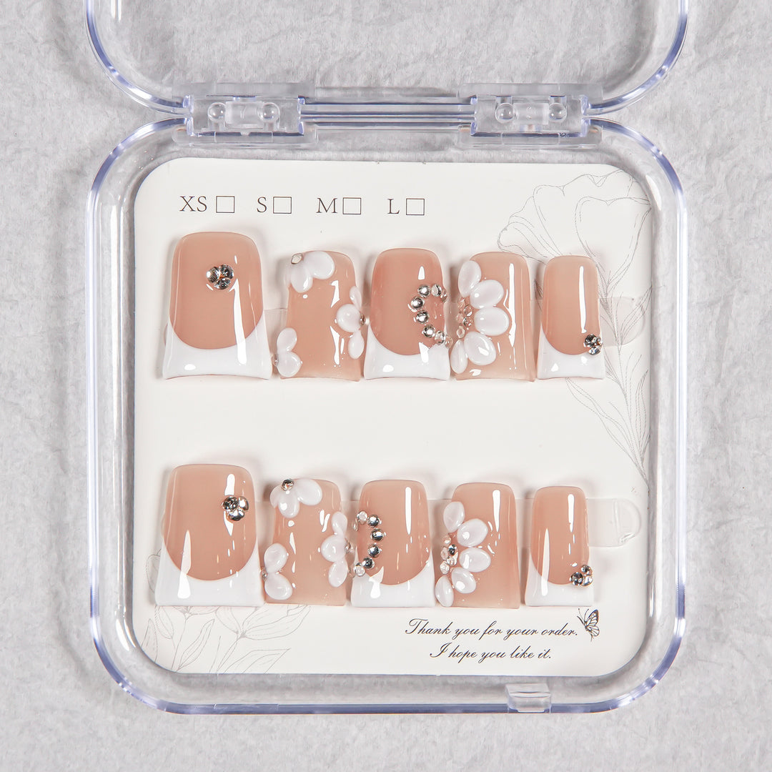 Floral Press-On Nail Set with Gem Accents