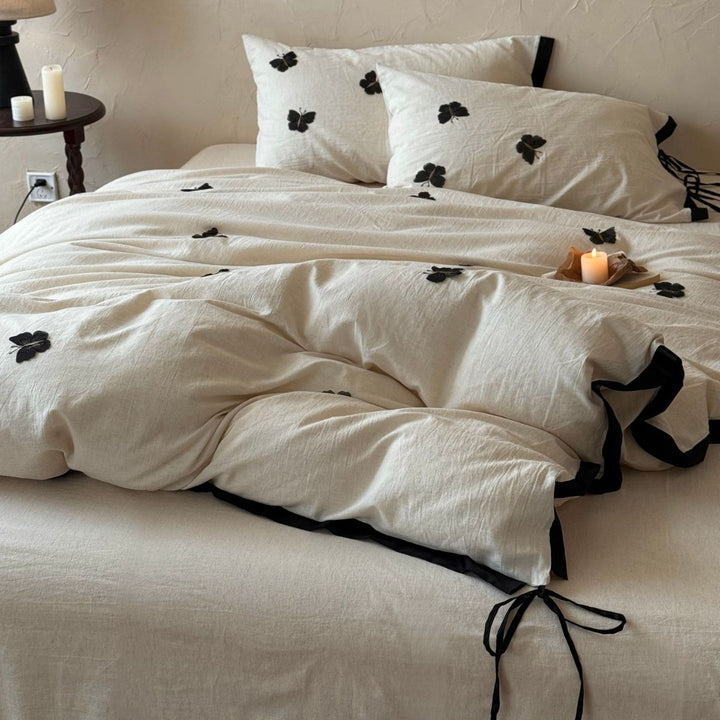 Linen-Blend Duvet Cover Set with Black Appliqué Motifs and Tie Closures