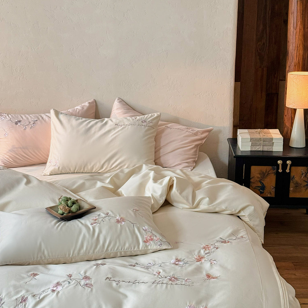 Embroidered Botanical Cotton Sateen Duvet Cover Set