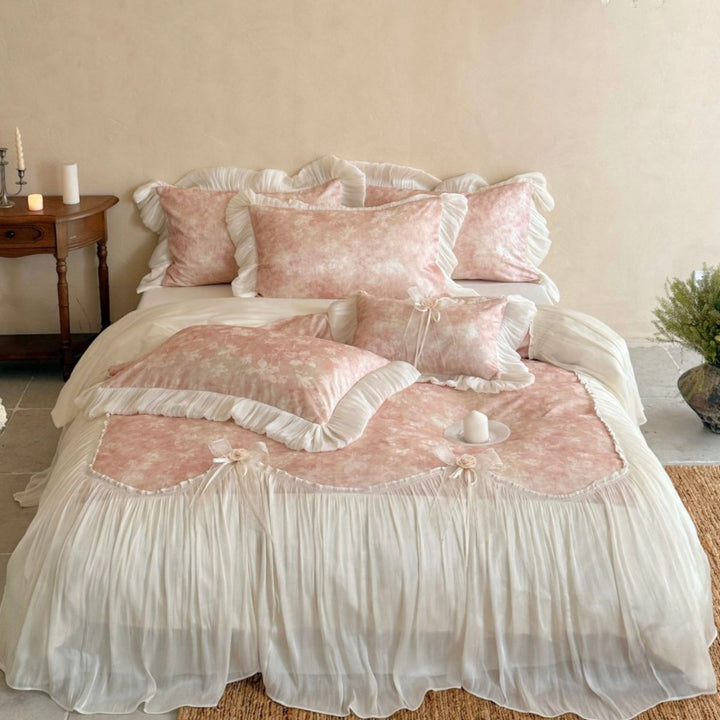 Romantic bedding set with ruffles, frills, and velvet look