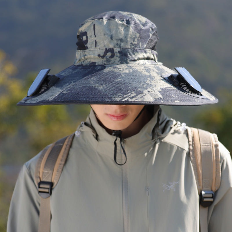 Wide-brimmed outdoor sun hat with solar-powered micro fan, breathable mesh and adjustable chin strap Stornfield