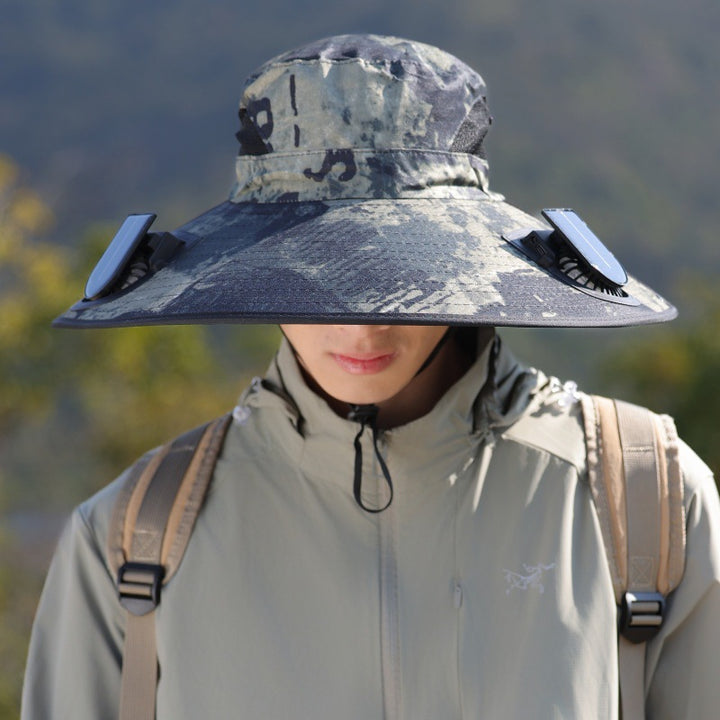 Wide-brimmed outdoor sun hat with solar-powered micro fan, breathable mesh and adjustable chin strap Stornfield