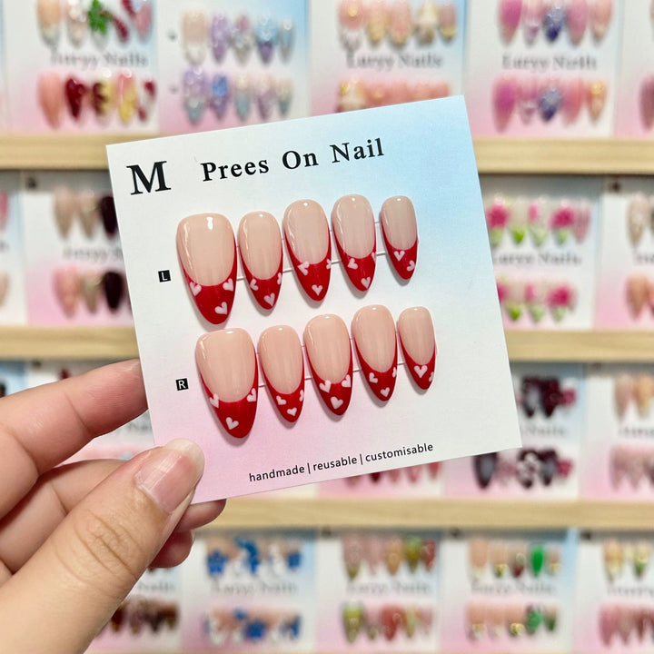 Handmade Press-On Nail Set with Heart Pattern