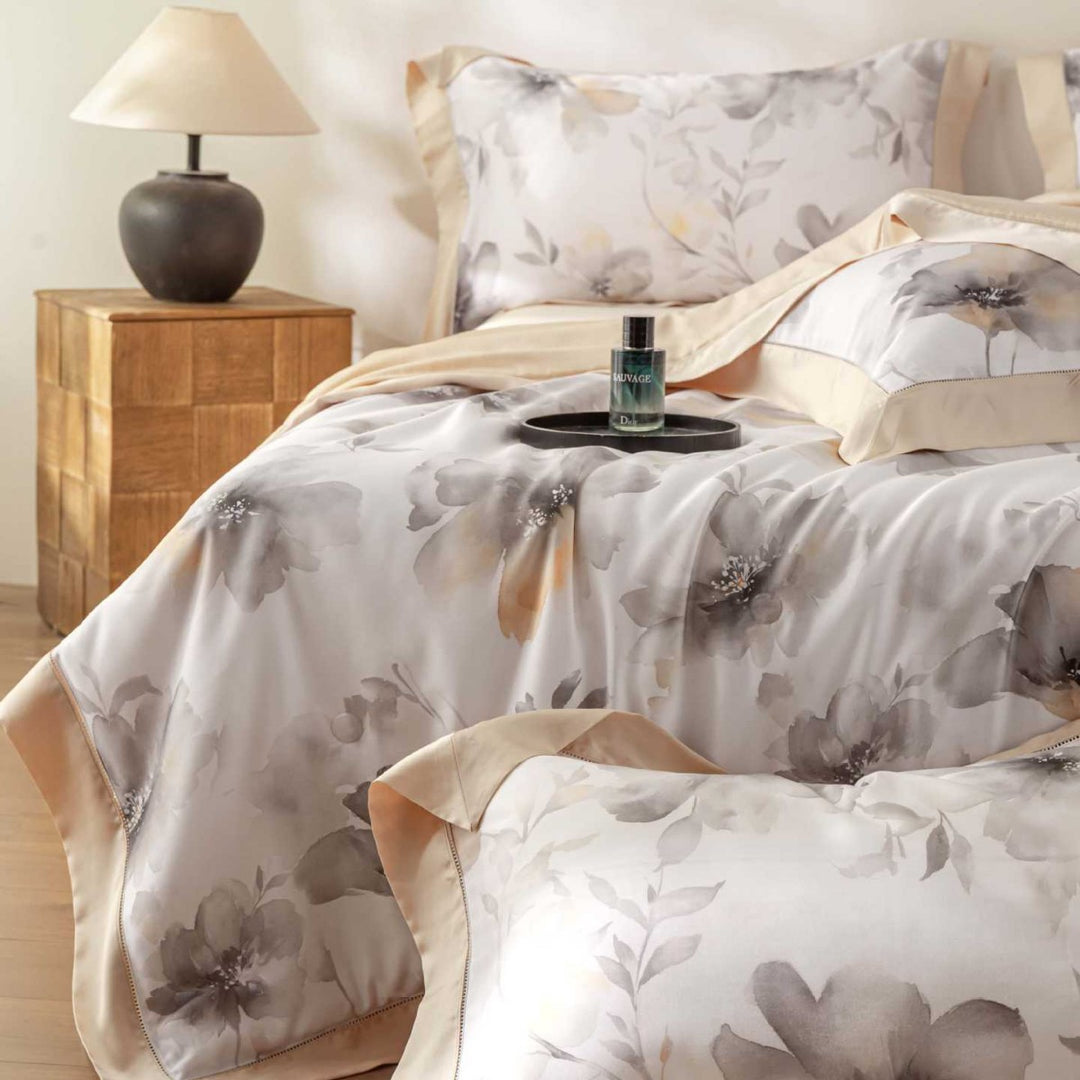 Luxurious cotton satin bedding set with delicate leaf design and hem detail