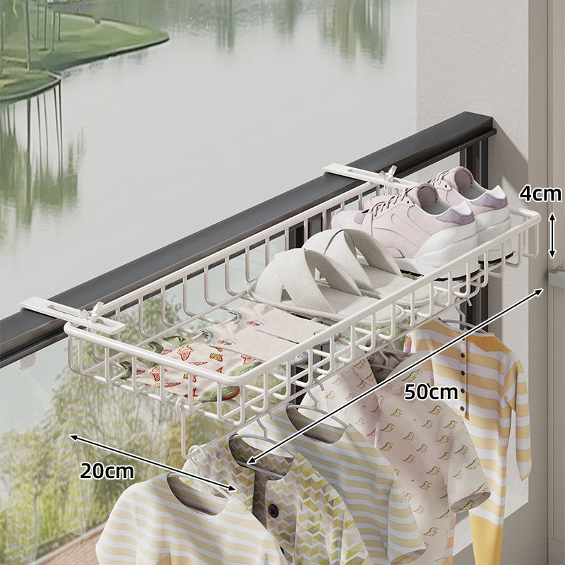 Balcony Railing Hanging Shoe and Drying Rack with Wire Basket and Adjustable Clamp