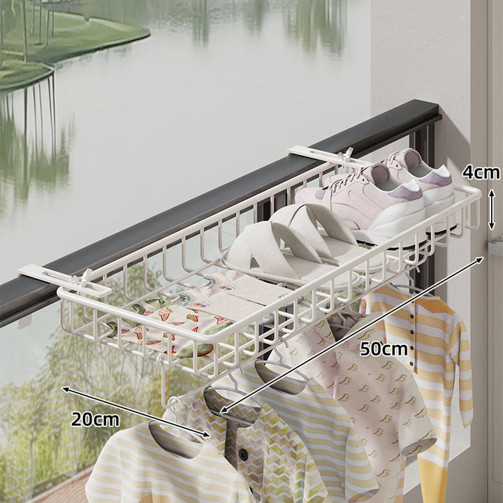 Balcony Railing Hanging Shoe and Drying Rack with Wire Basket and Adjustable Clamp