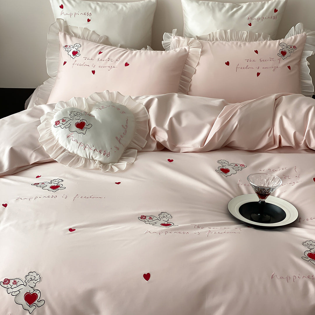 Satin-Feel Frilled Embroidered Heart Motif Duvet Cover Set