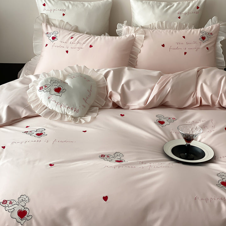 Satin-Feel Frilled Embroidered Heart Motif Duvet Cover Set