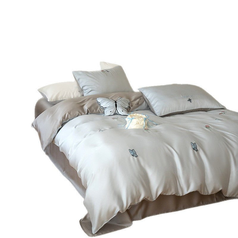 Silky bedding set with butterfly and rose embroidery