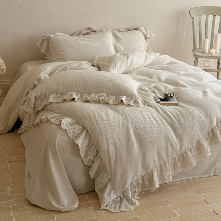 Romantic Lace-Trim Ruffled Cotton Duvet Cover Set with Patchwork Texture & Oxford Shams