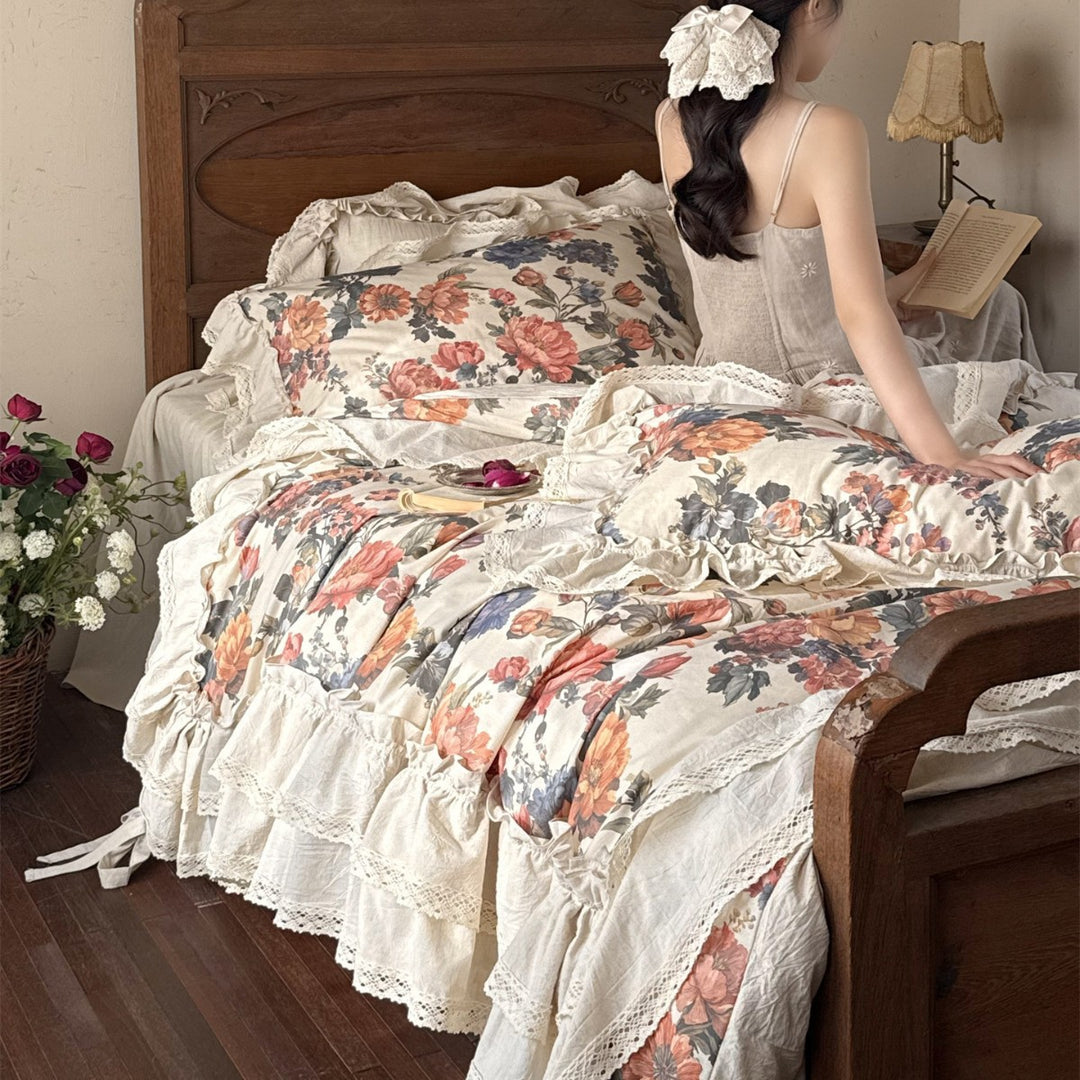 Floral Ruffled Cotton Duvet Cover Set with Lace Trim and Layered Bed Skirt