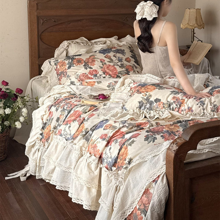 Floral Ruffled Cotton Duvet Cover Set with Lace Trim and Layered Bed Skirt