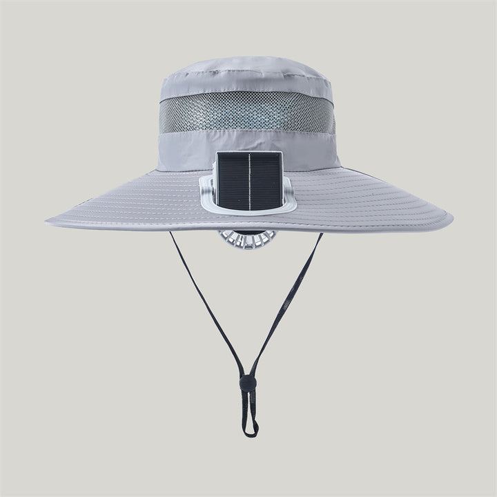 wide-brimmed outdoor sun hat with solar module, quiet mini fan, and adjustable chin strap Stornfield