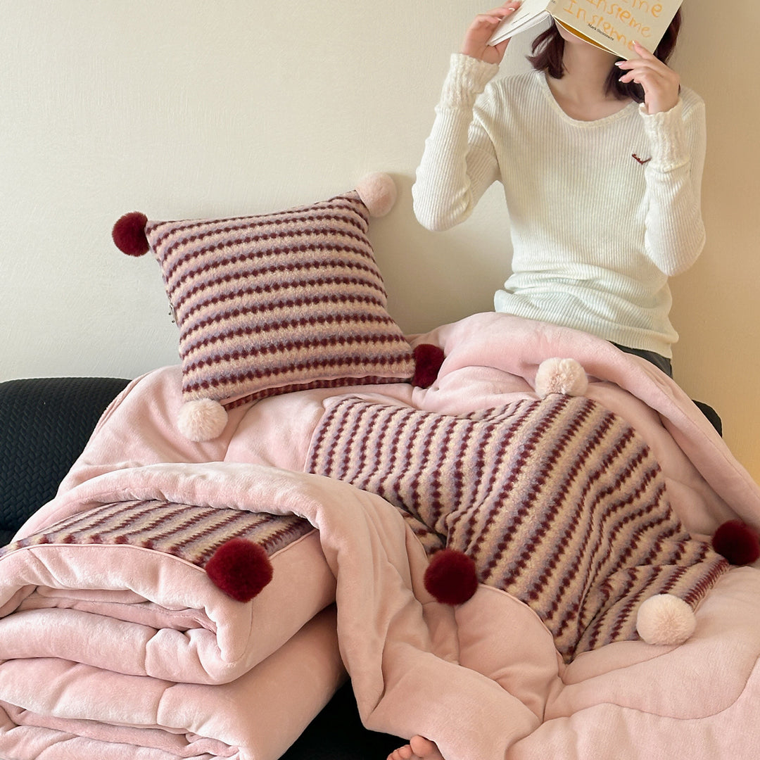 Plush Striped Faux-Fur Throw Blanket with Pom-Pom Trim and Matching Decorative Cushion Set