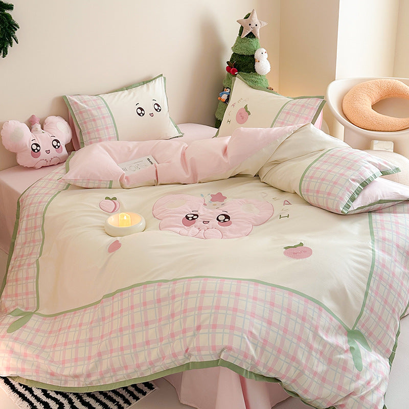 Children's bedding set with embroidered submarine and ocean motif as well as reversible function