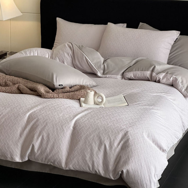 Textured Jacquard Cotton Sateen Duvet Cover Set with Reversible Weave
