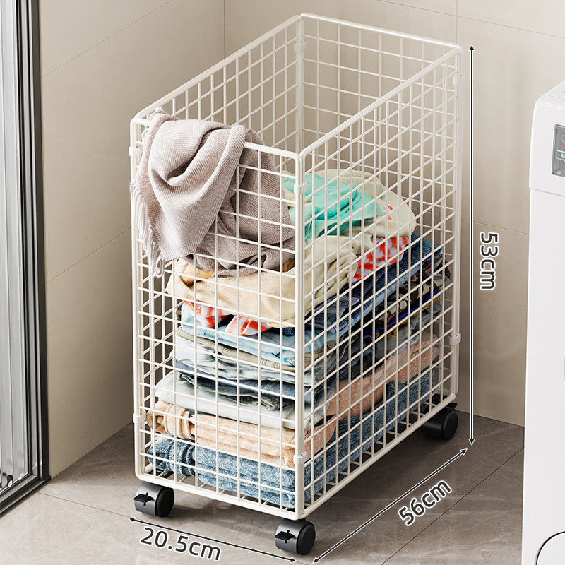 Tall Rolling Metal Laundry Basket with Vertical Slats and Swivel Casters
