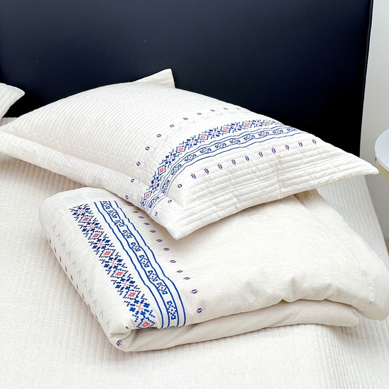 Embroidered Quilted Cotton Coverlet Set with Pillow Shams and Geometric Border