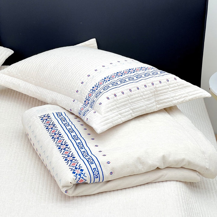 Embroidered Quilted Cotton Coverlet Set with Pillow Shams and Geometric Border